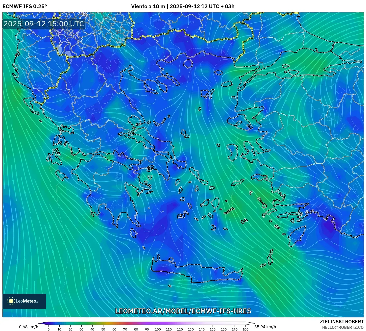 ECMWF IFS 0.25° model - Grecia, Viento a 10 m