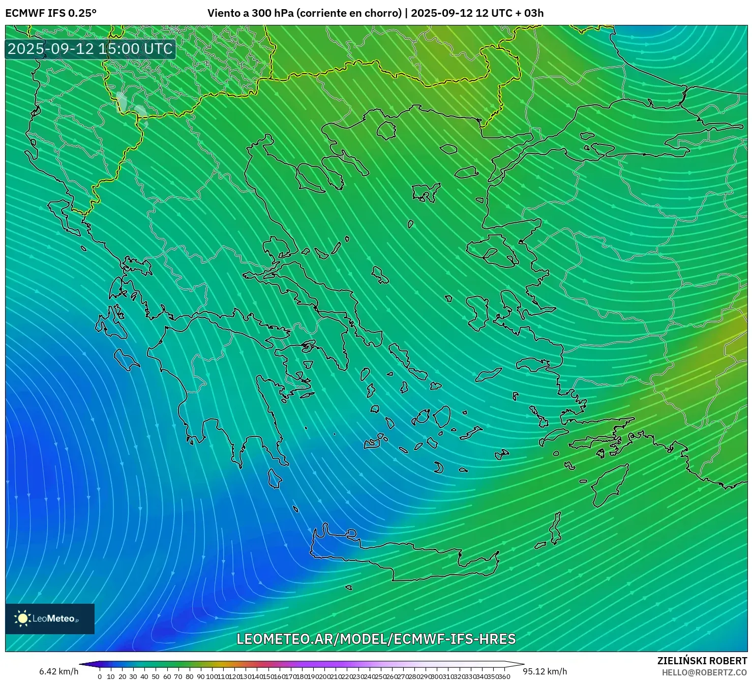 ECMWF IFS 0.25° model - Grecia, Viento a 300 hPa (corriente en chorro)