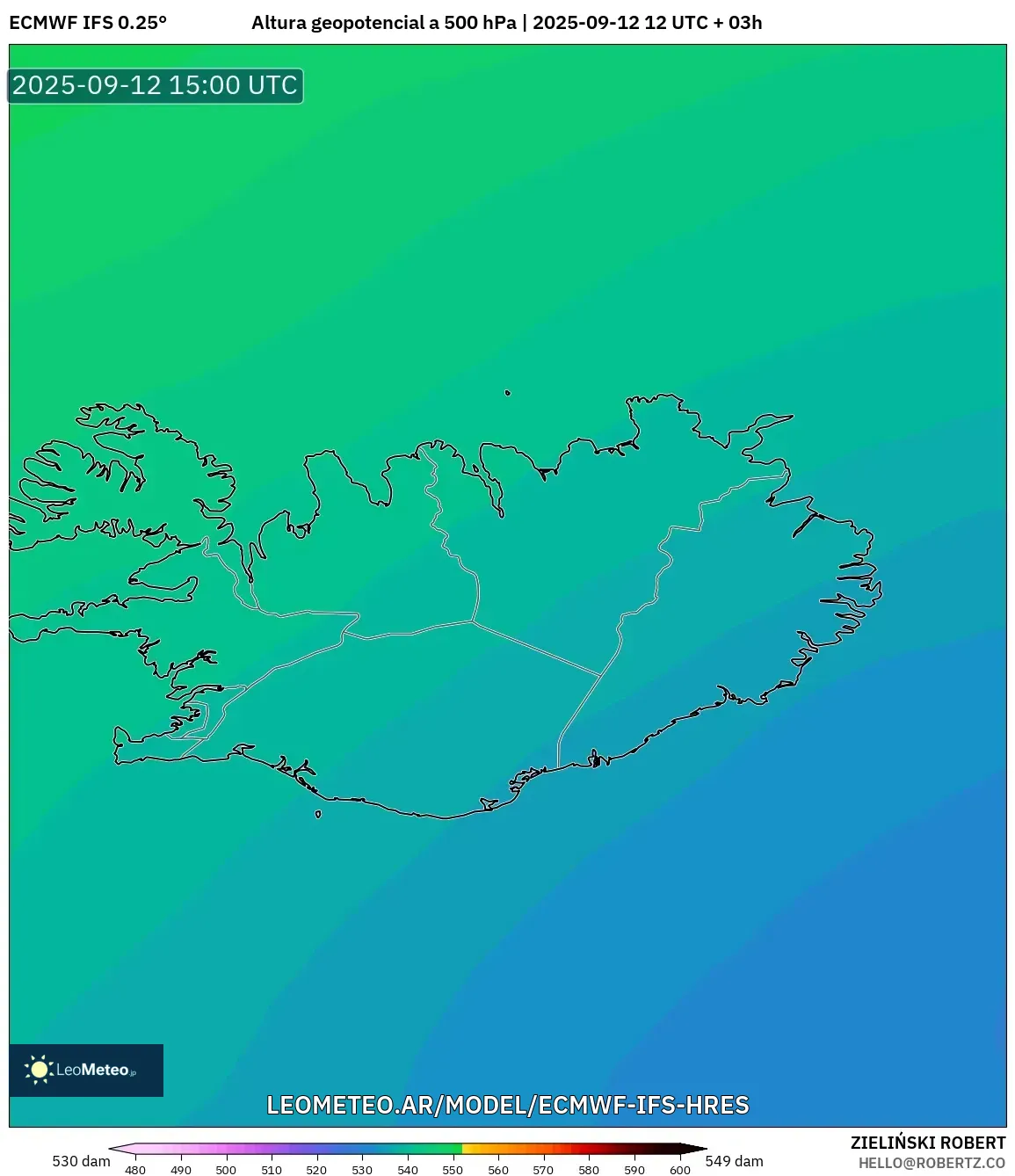 ECMWF IFS 0.25° model - Islandia, Altura geopotencial a 500 hPa ECMWF IFS 0.25° model - Islandia, Altura geopotencial a 500 hPa