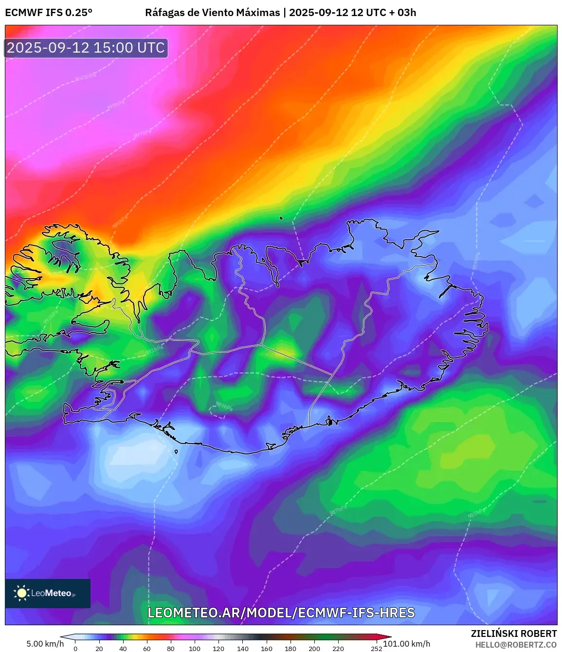 ECMWF IFS 0.25° model - Islandia, Ráfagas de Viento Máximas ECMWF IFS 0.25° model - Islandia, Ráfagas de Viento Máximas