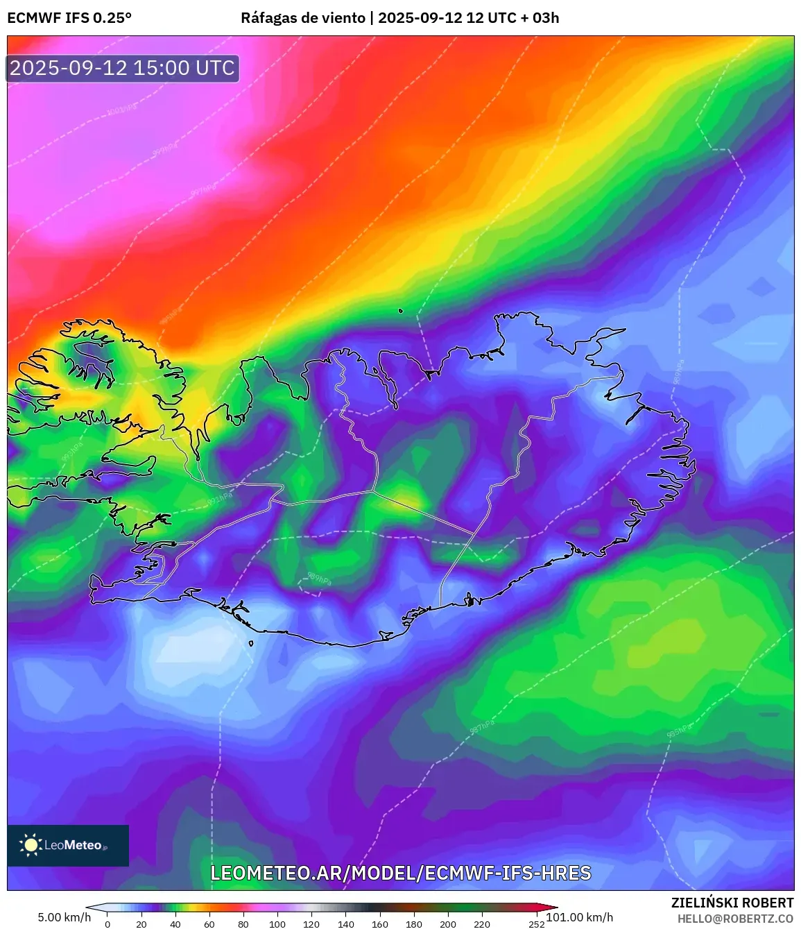 ECMWF IFS 0.25° model - Islandia, Ráfagas de viento ECMWF IFS 0.25° model - Islandia, Ráfagas de viento