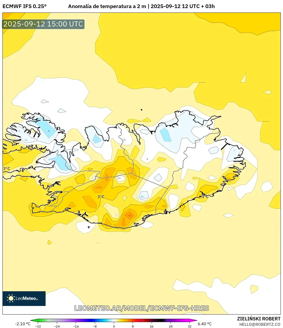 ECMWF IFS 0.25° model - Islandia, Anomalía de temperatura a 2 m