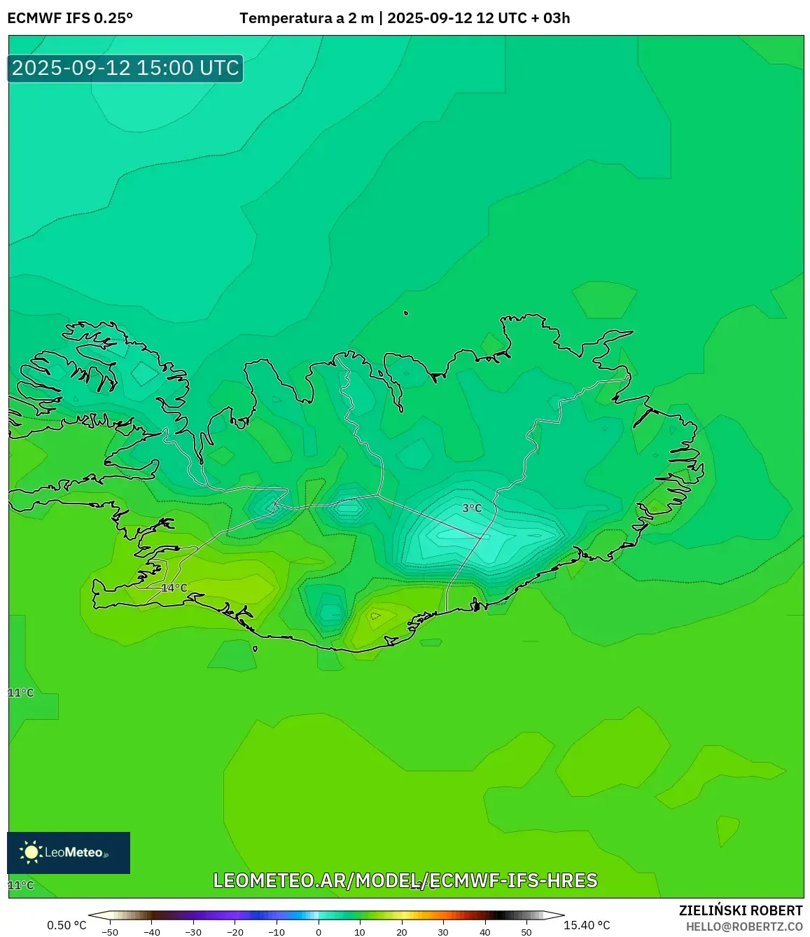 ECMWF IFS 0.25° model - Islandia, Temperatura a 2 m ECMWF IFS 0.25° model - Islandia, Temperatura a 2 m