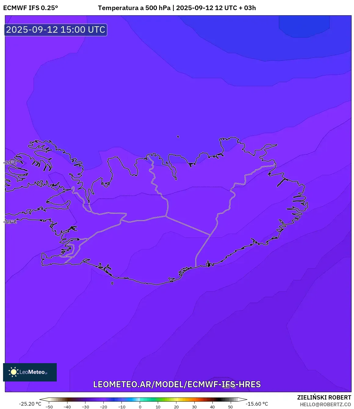 ECMWF IFS 0.25° model - Islandia, Temperatura a 500 hPa