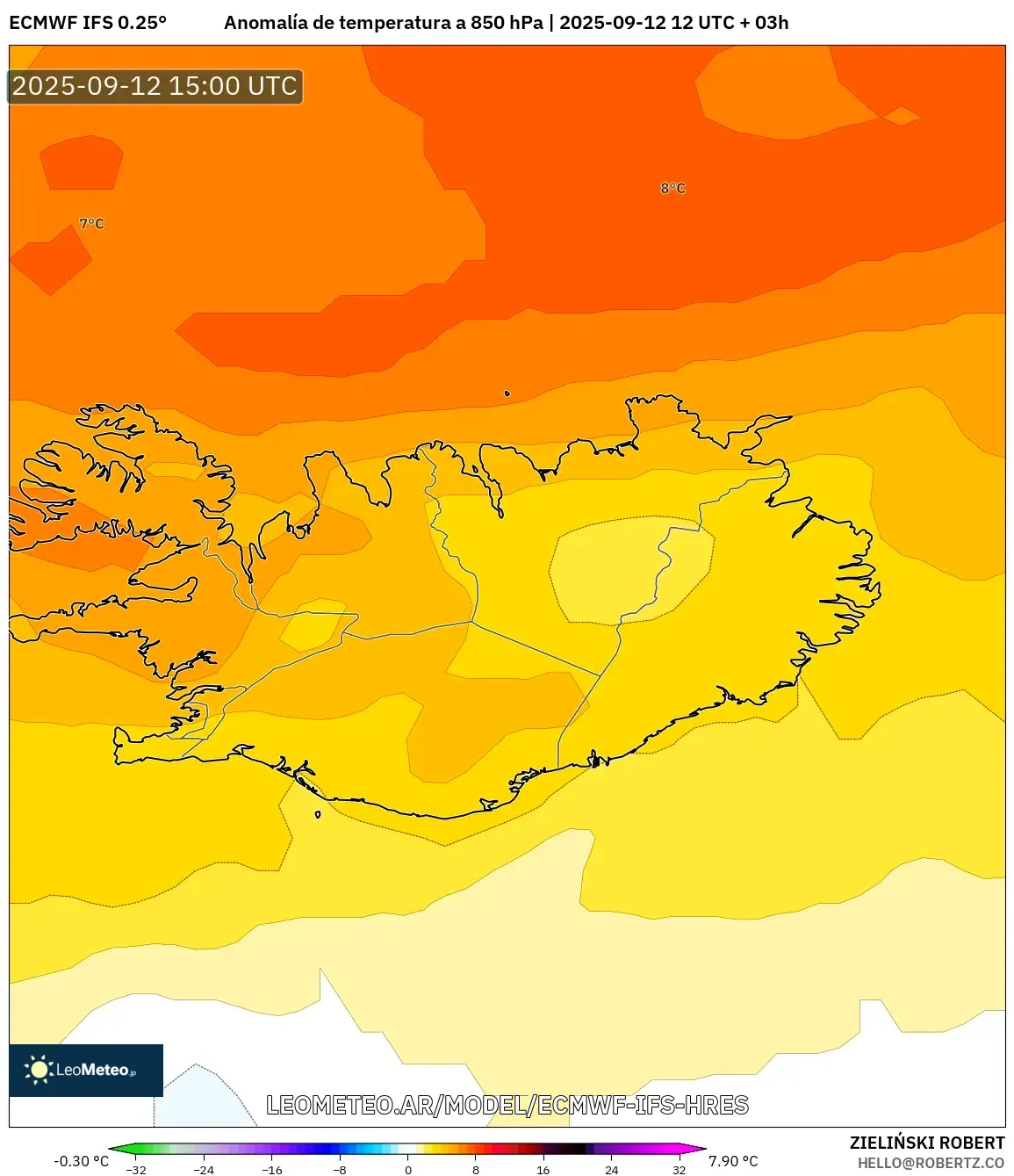 ECMWF IFS 0.25° model - Islandia, Anomalía de temperatura a 850 hPa ECMWF IFS 0.25° model - Islandia, Anomalía de temperatura a 850 hPa