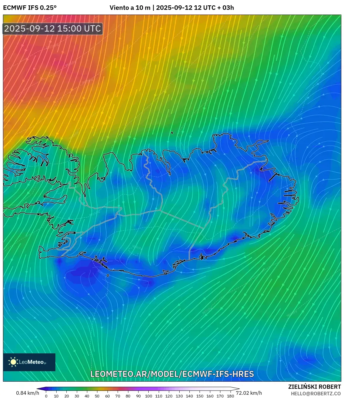 ECMWF IFS 0.25° model - Islandia, Viento a 10 m