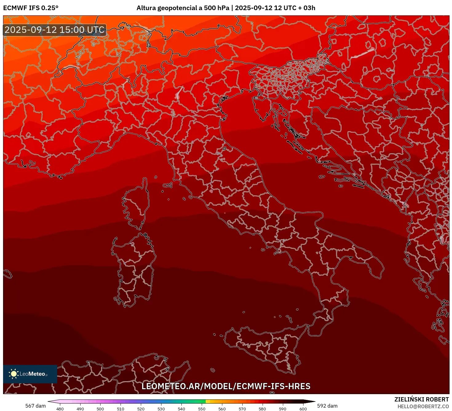 ECMWF IFS 0.25° model - Italia, Altura geopotencial a 500 hPa