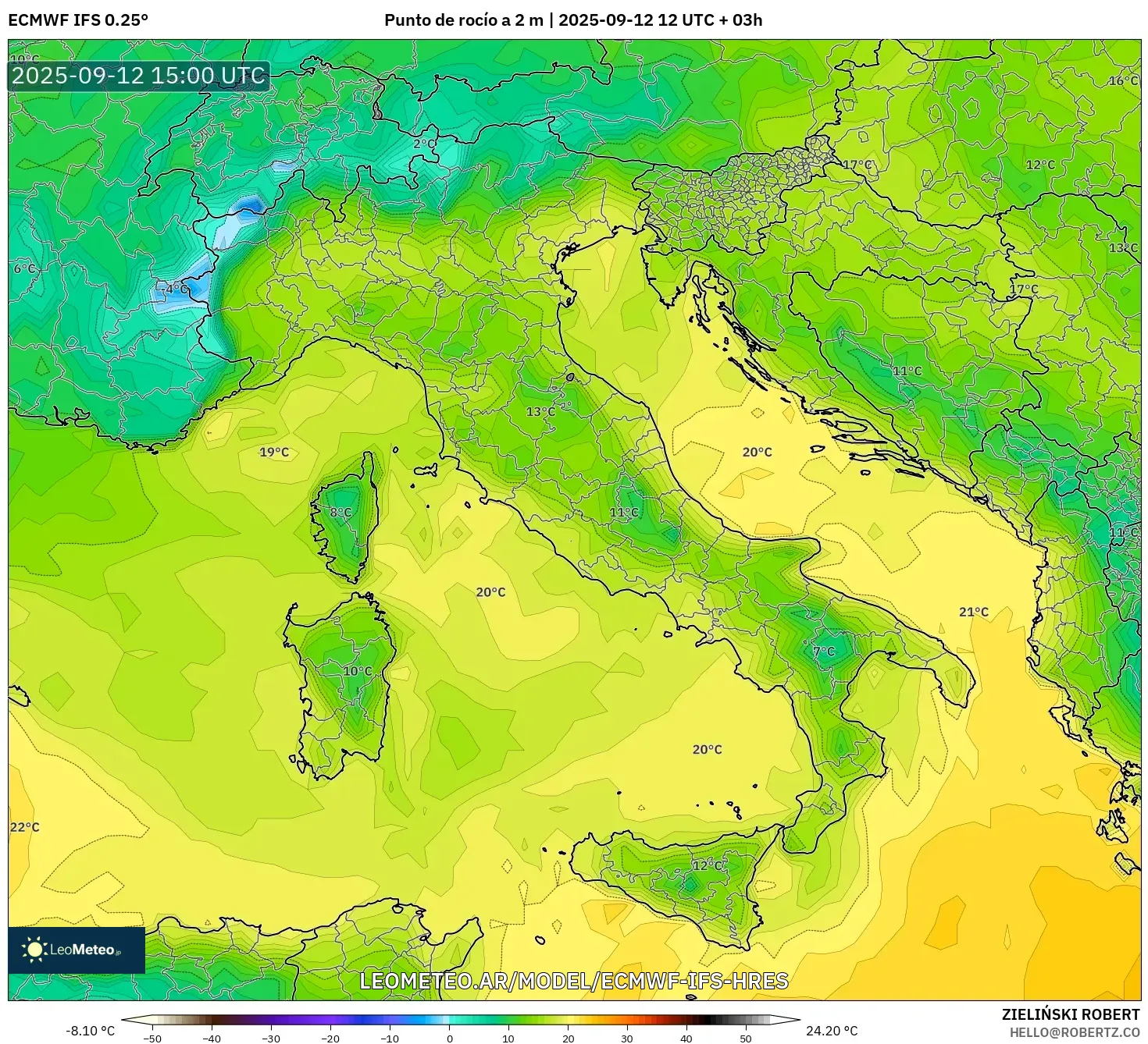 ECMWF IFS 0.25° model - Italia, Punto de rocío a 2 m