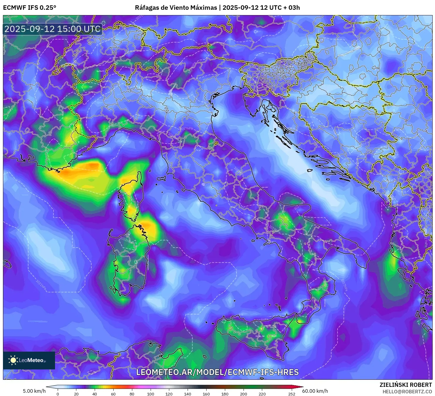 ECMWF IFS 0.25° model - Italia, Ráfagas de Viento Máximas