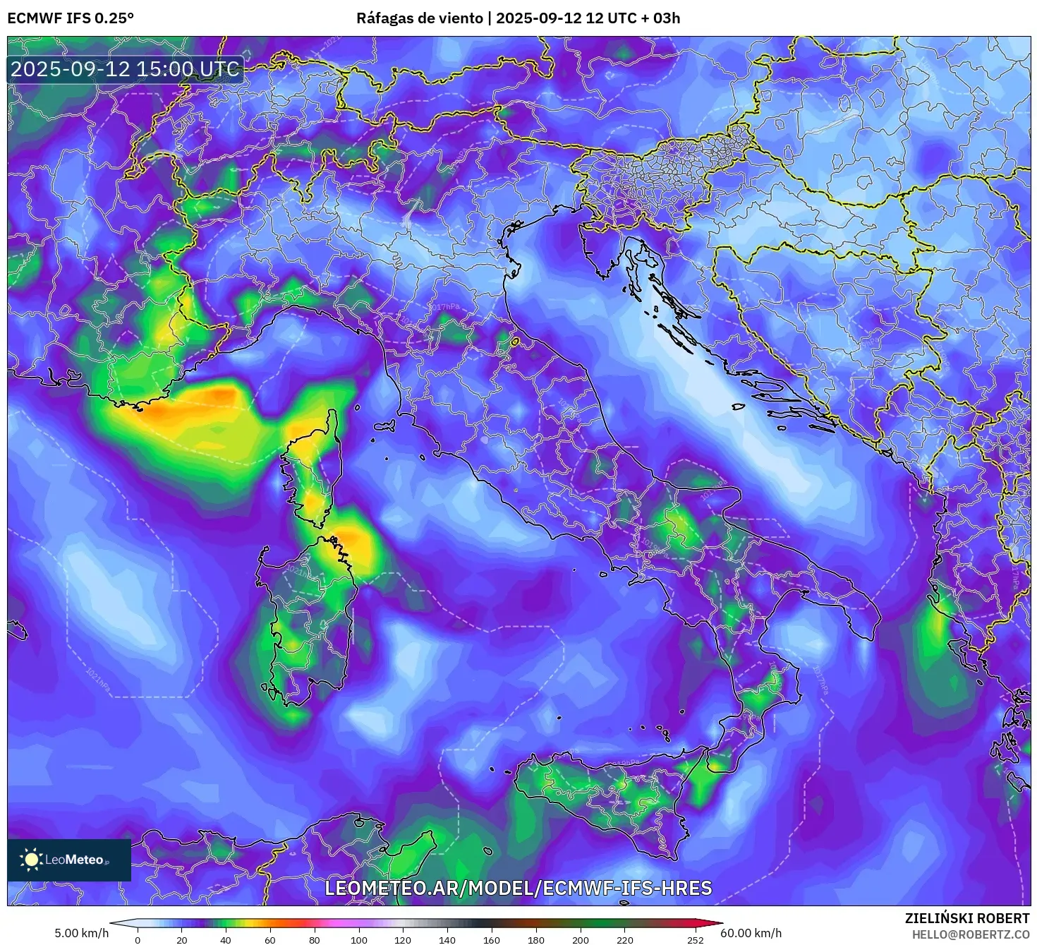 ECMWF IFS 0.25° model - Italia, Ráfagas de viento