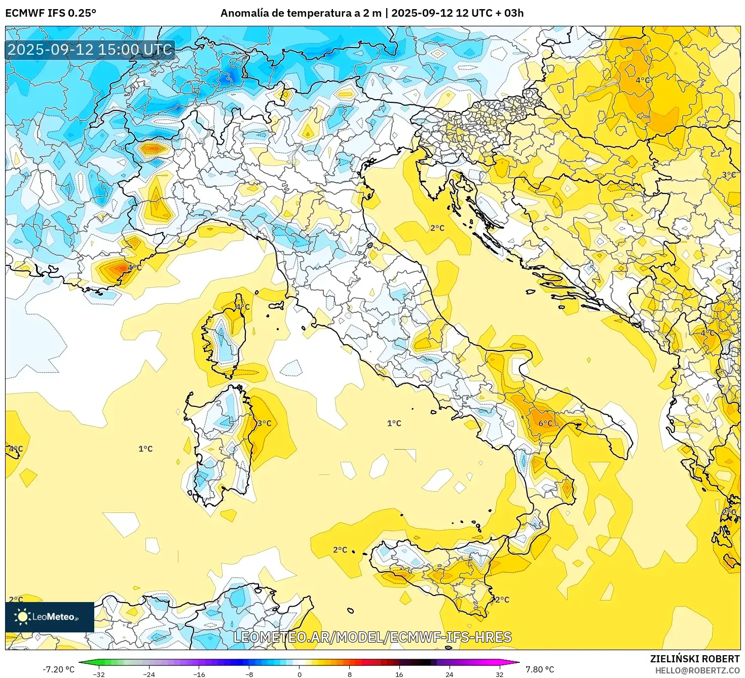ECMWF IFS 0.25° model - Italia, Anomalía de temperatura a 2 m ECMWF IFS 0.25° model - Italia, Anomalía de temperatura a 2 m