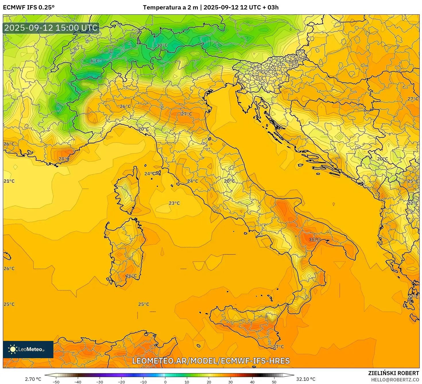 ECMWF IFS 0.25° model - Italia, Temperatura a 2 m