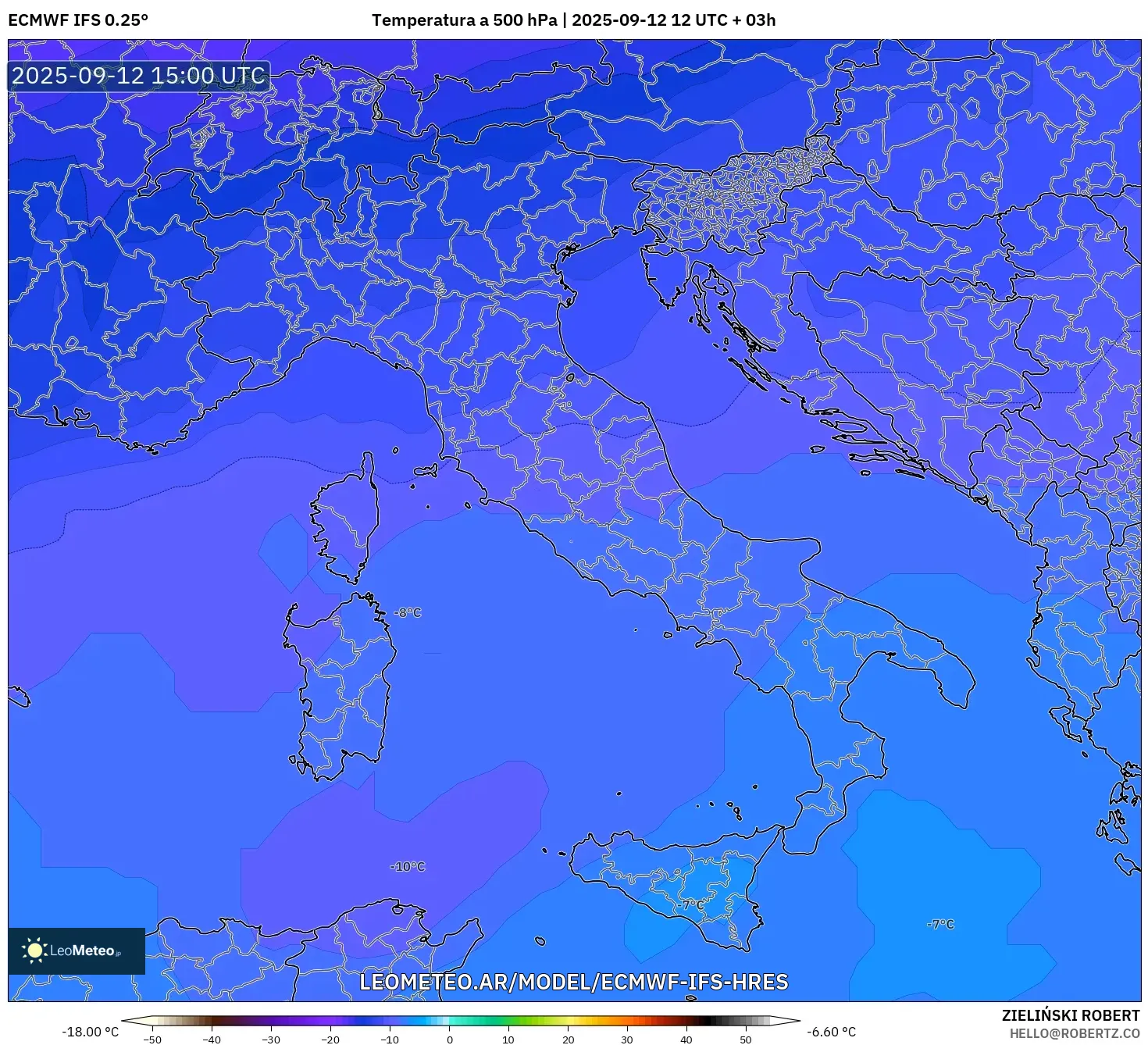 ECMWF IFS 0.25° model - Italia, Temperatura a 500 hPa