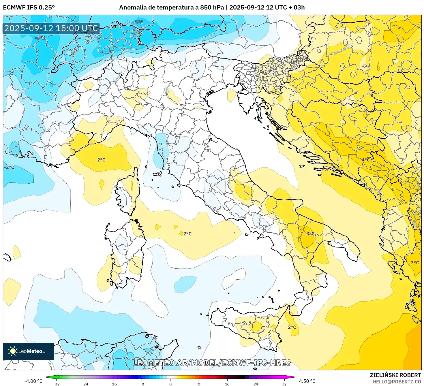 ECMWF IFS 0.25° model - Italia, Anomalía de temperatura a 850 hPa ECMWF IFS 0.25° model - Italia, Anomalía de temperatura a 850 hPa