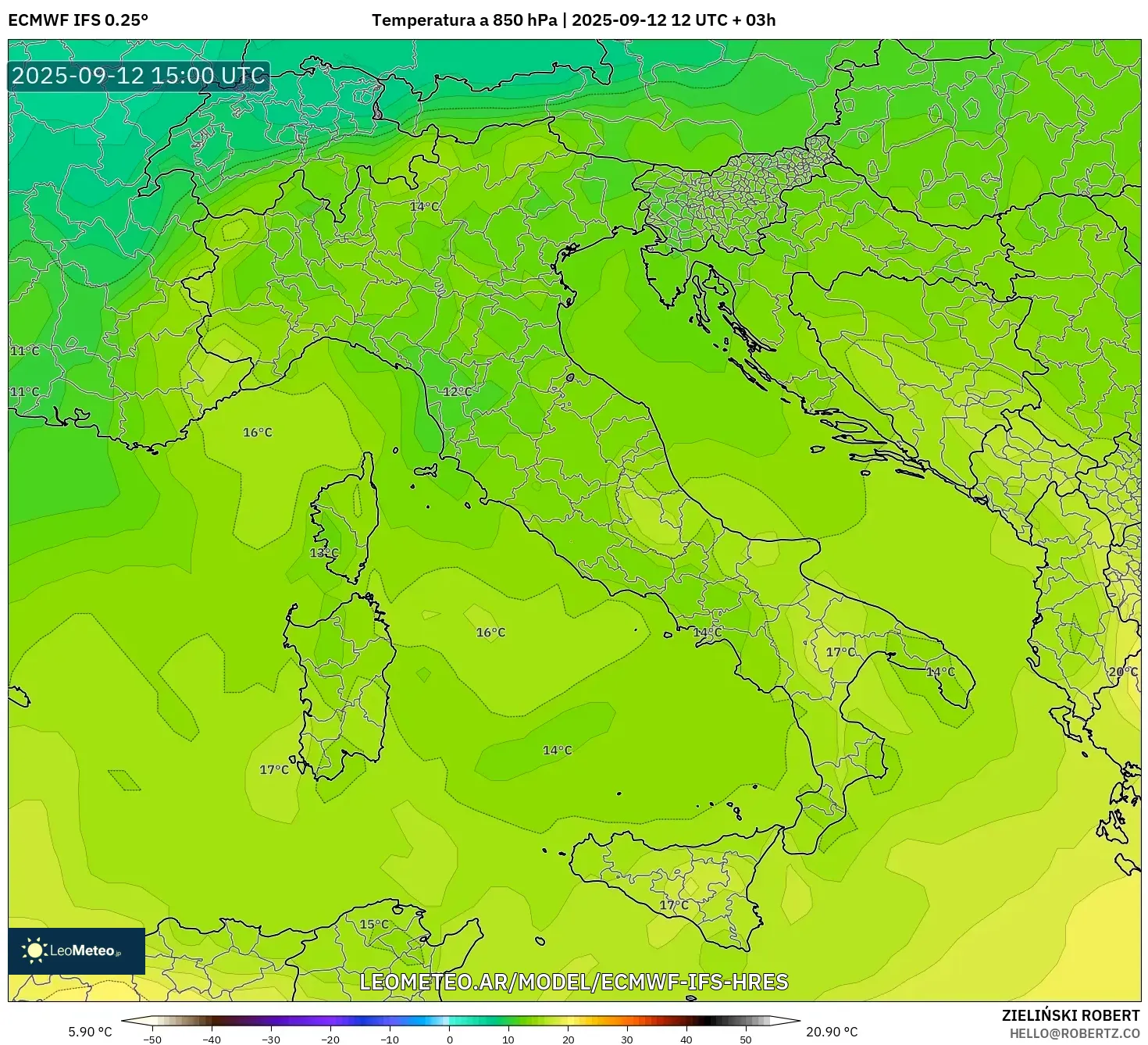 ECMWF IFS 0.25° model - Italia, Temperatura a 850 hPa ECMWF IFS 0.25° model - Italia, Temperatura a 850 hPa