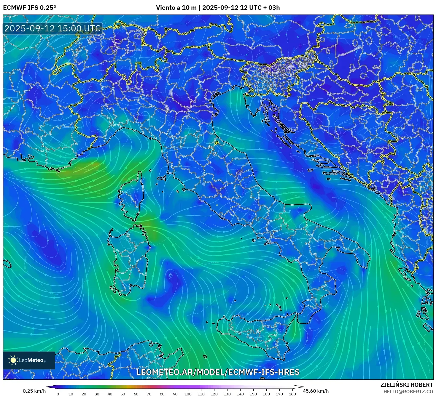 ECMWF IFS 0.25° model - Italia, Viento a 10 m ECMWF IFS 0.25° model - Italia, Viento a 10 m