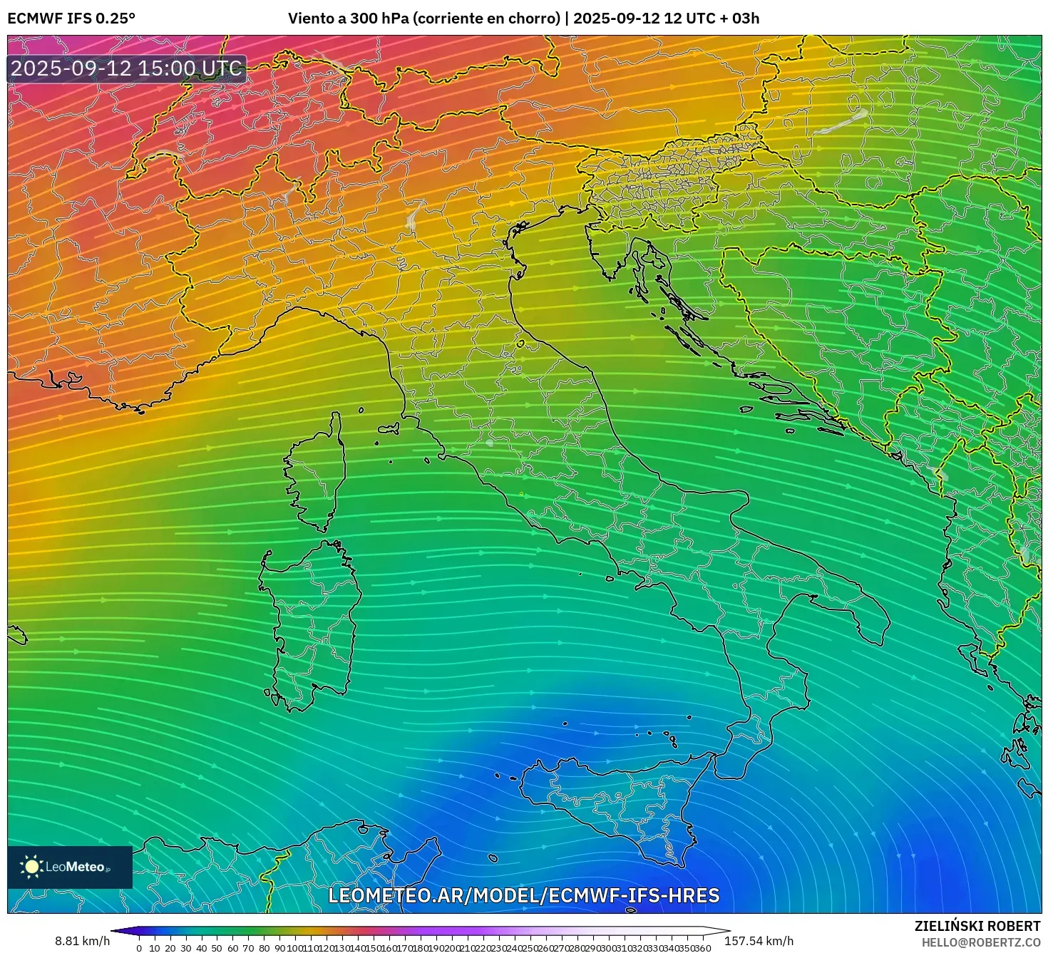 ECMWF IFS 0.25° model - Italia, Viento a 300 hPa (corriente en chorro) ECMWF IFS 0.25° model - Italia, Viento a 300 hPa (corriente en chorro)