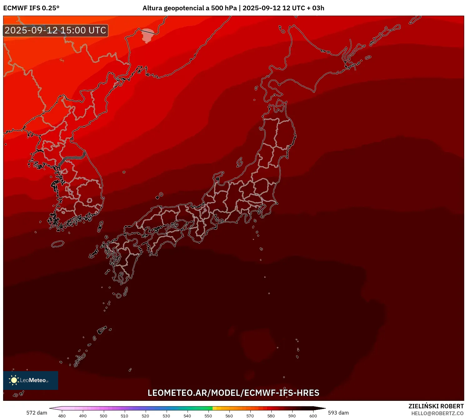ECMWF IFS 0.25° model - Japón, Altura geopotencial a 500 hPa ECMWF IFS 0.25° model - Japón, Altura geopotencial a 500 hPa