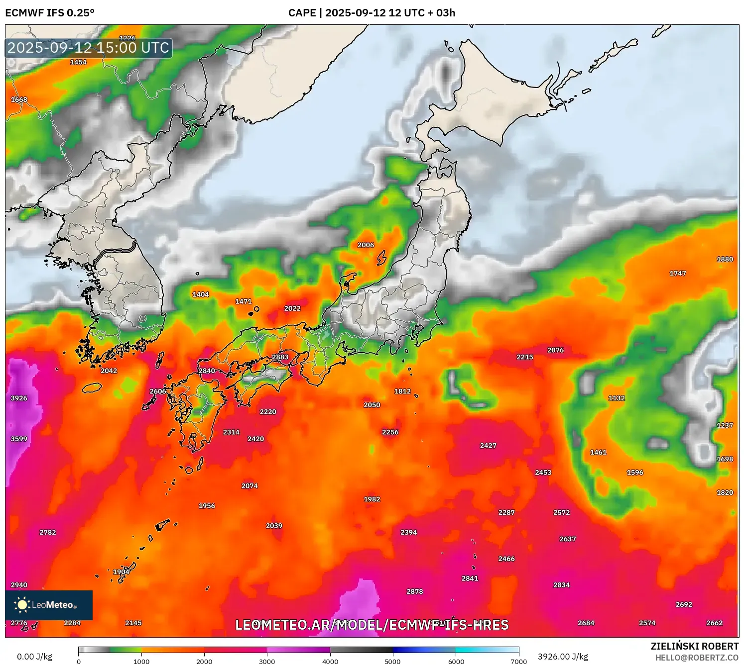ECMWF IFS 0.25° model - Japón, CAPE ECMWF IFS 0.25° model - Japón, CAPE