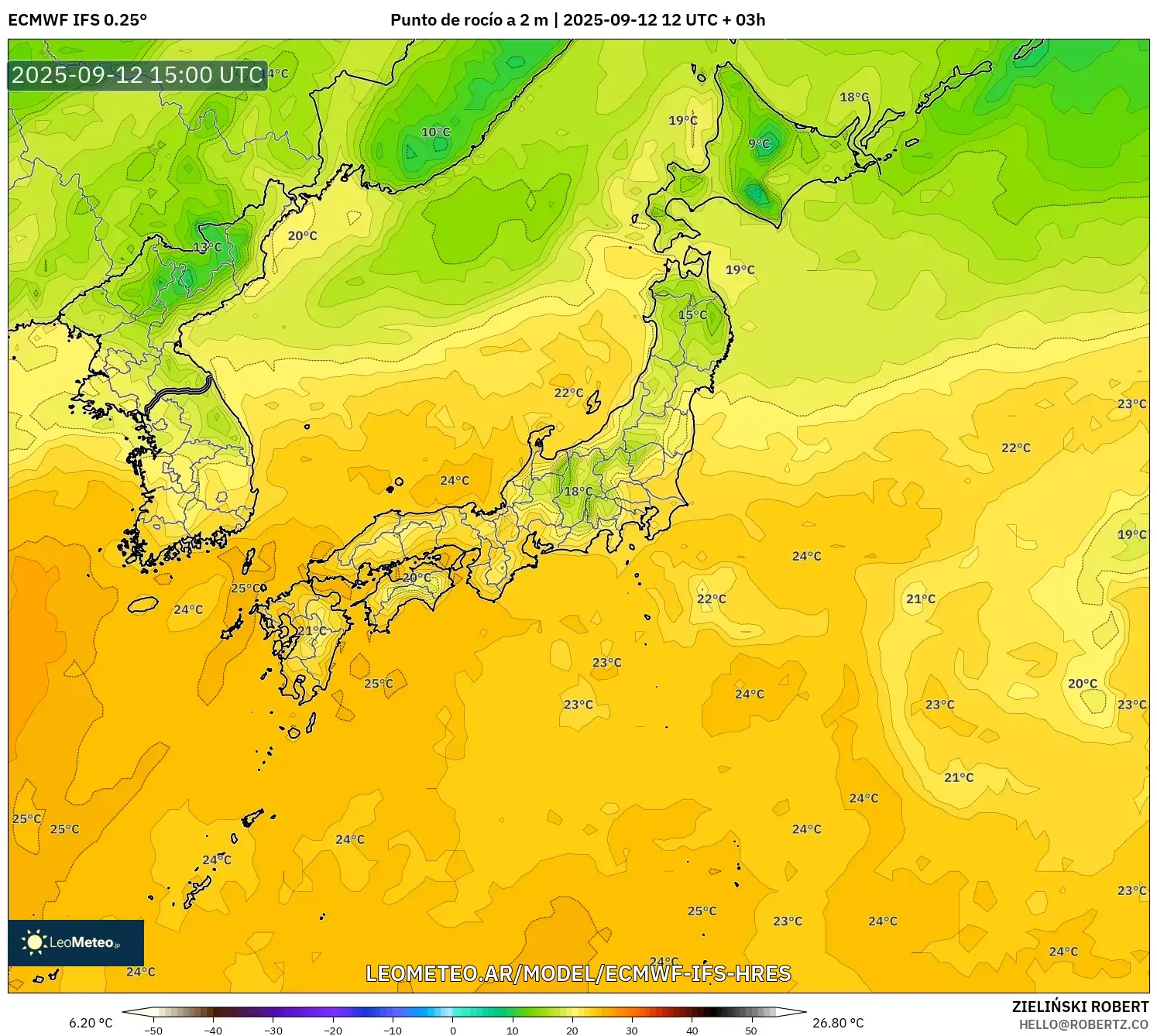 ECMWF IFS 0.25° model - Japón, Punto de rocío a 2 m