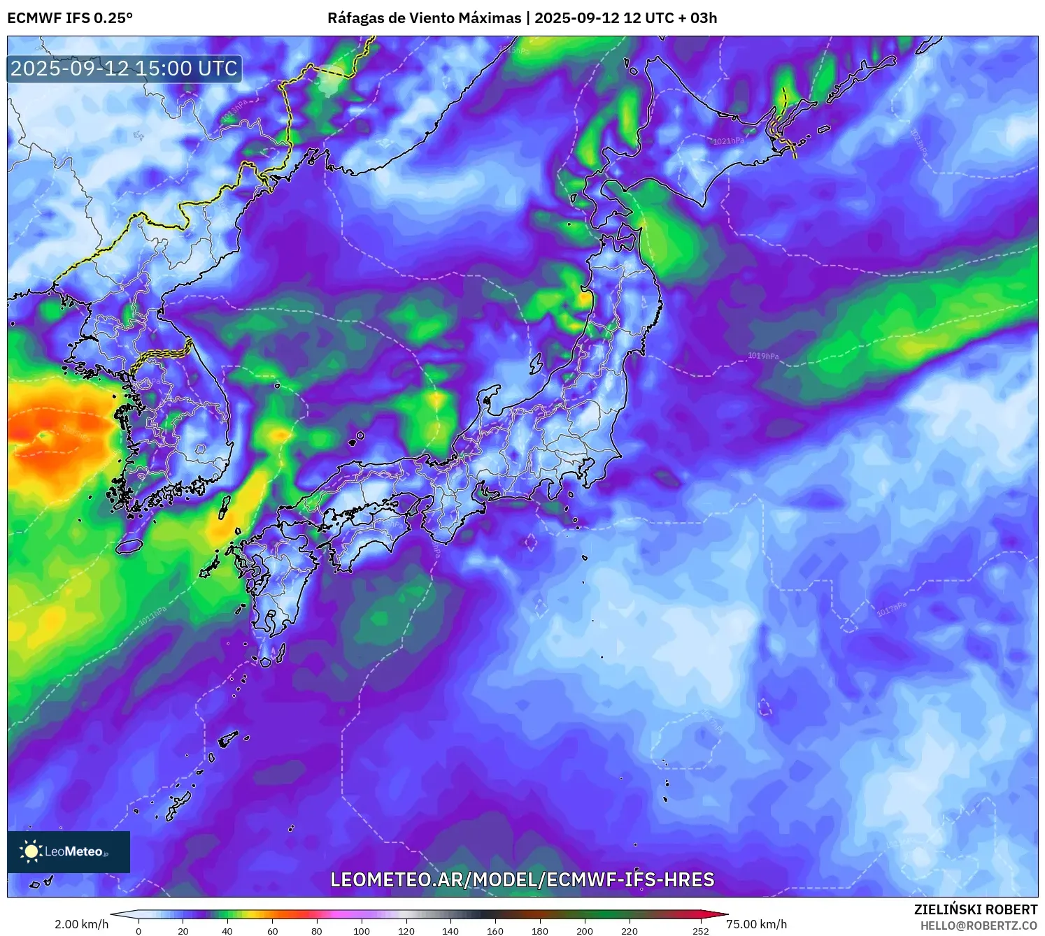 ECMWF IFS 0.25° model - Japón, Ráfagas de Viento Máximas