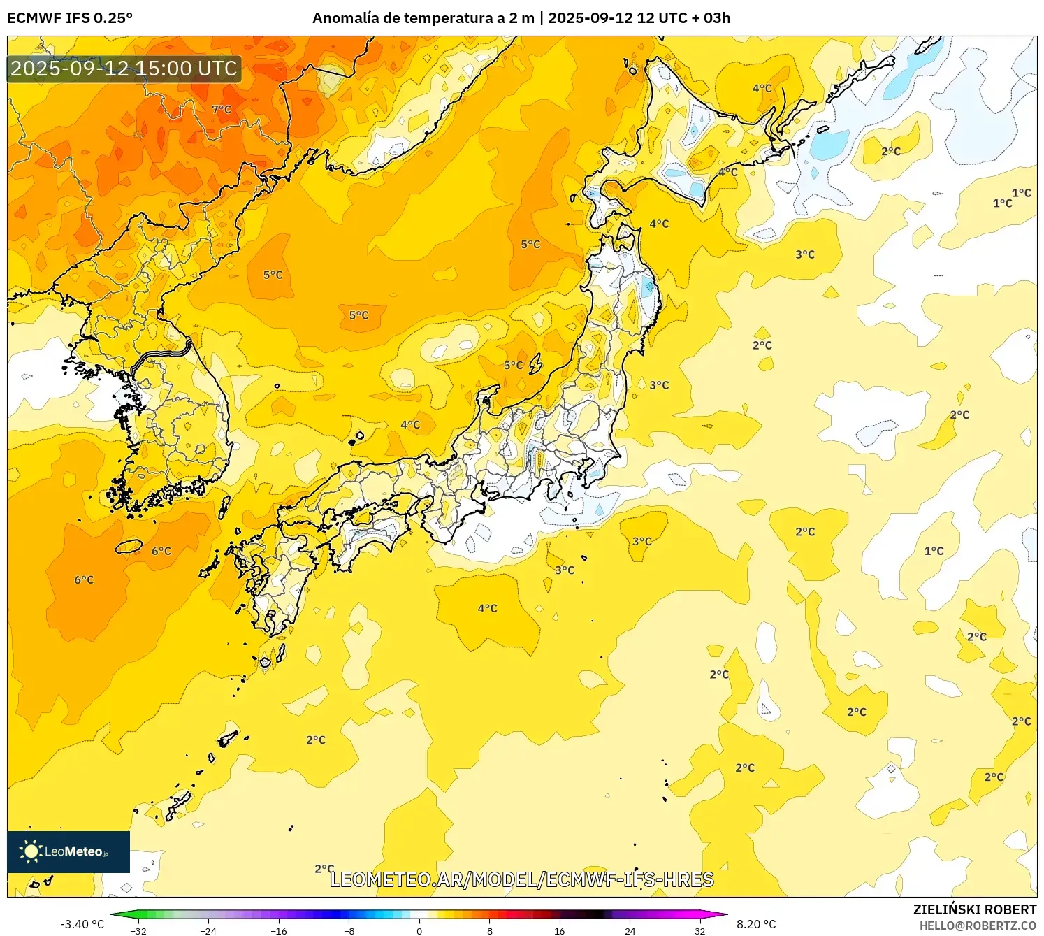ECMWF IFS 0.25° model - Japón, Anomalía de temperatura a 2 m ECMWF IFS 0.25° model - Japón, Anomalía de temperatura a 2 m
