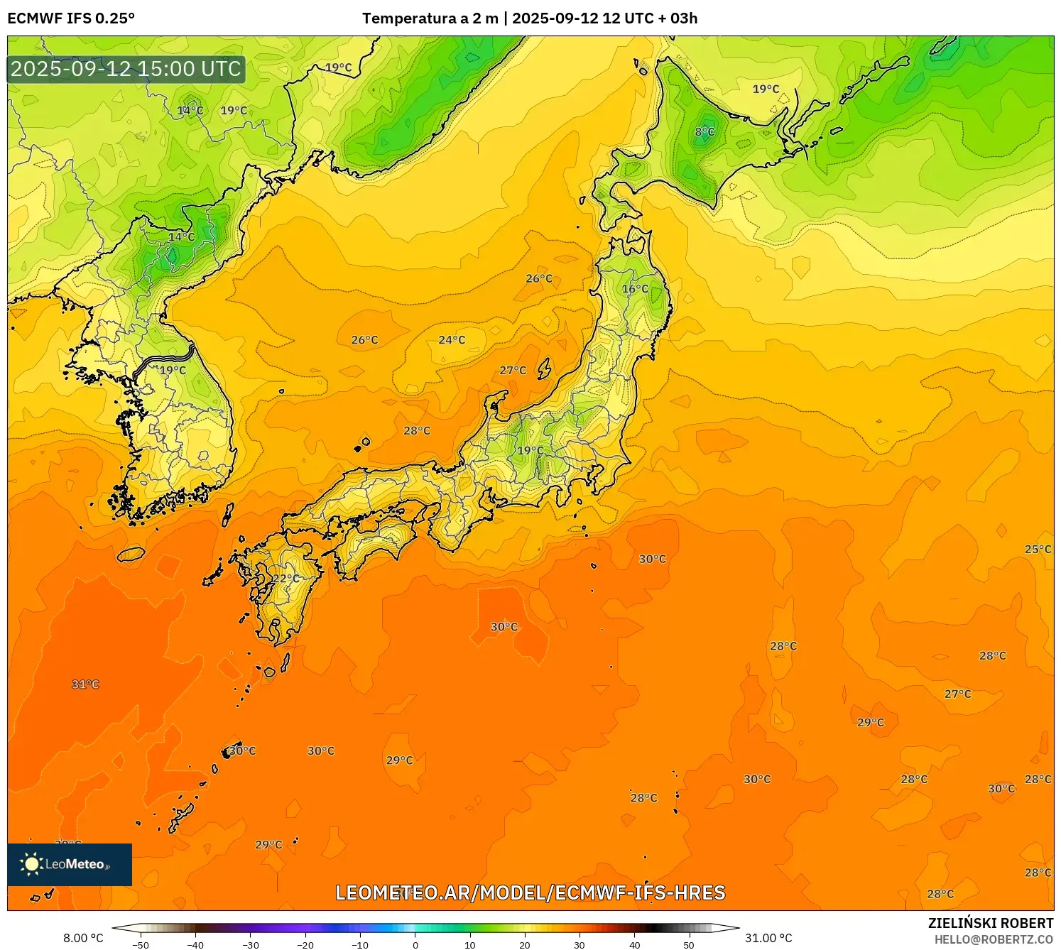 ECMWF IFS 0.25° model - Japón, Temperatura a 2 m