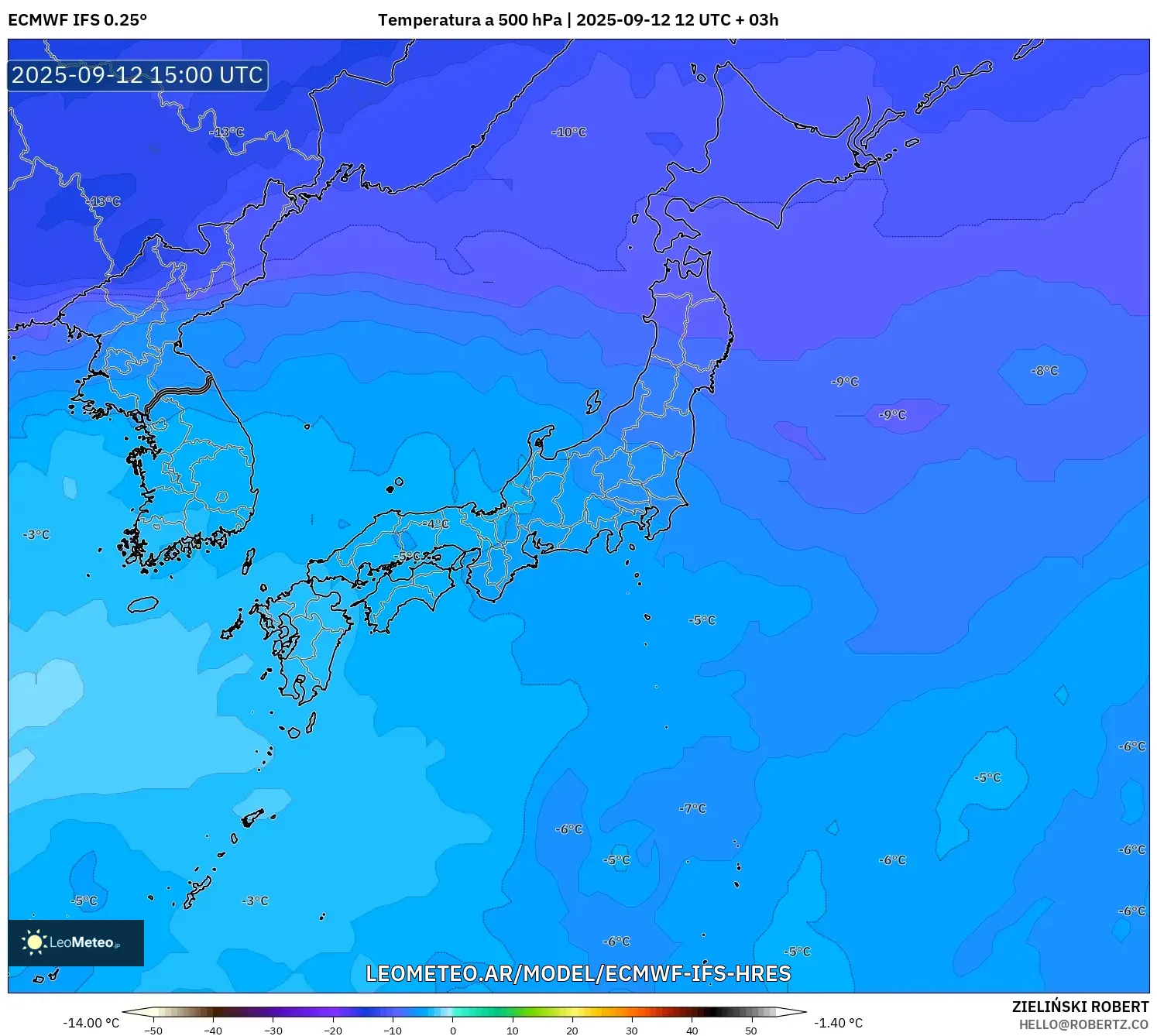 ECMWF IFS 0.25° model - Japón, Temperatura a 500 hPa ECMWF IFS 0.25° model - Japón, Temperatura a 500 hPa