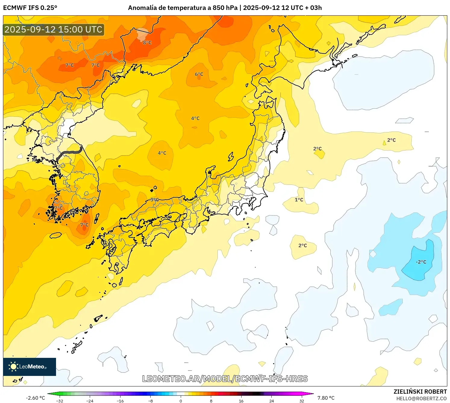 ECMWF IFS 0.25° model - Japón, Anomalía de temperatura a 850 hPa