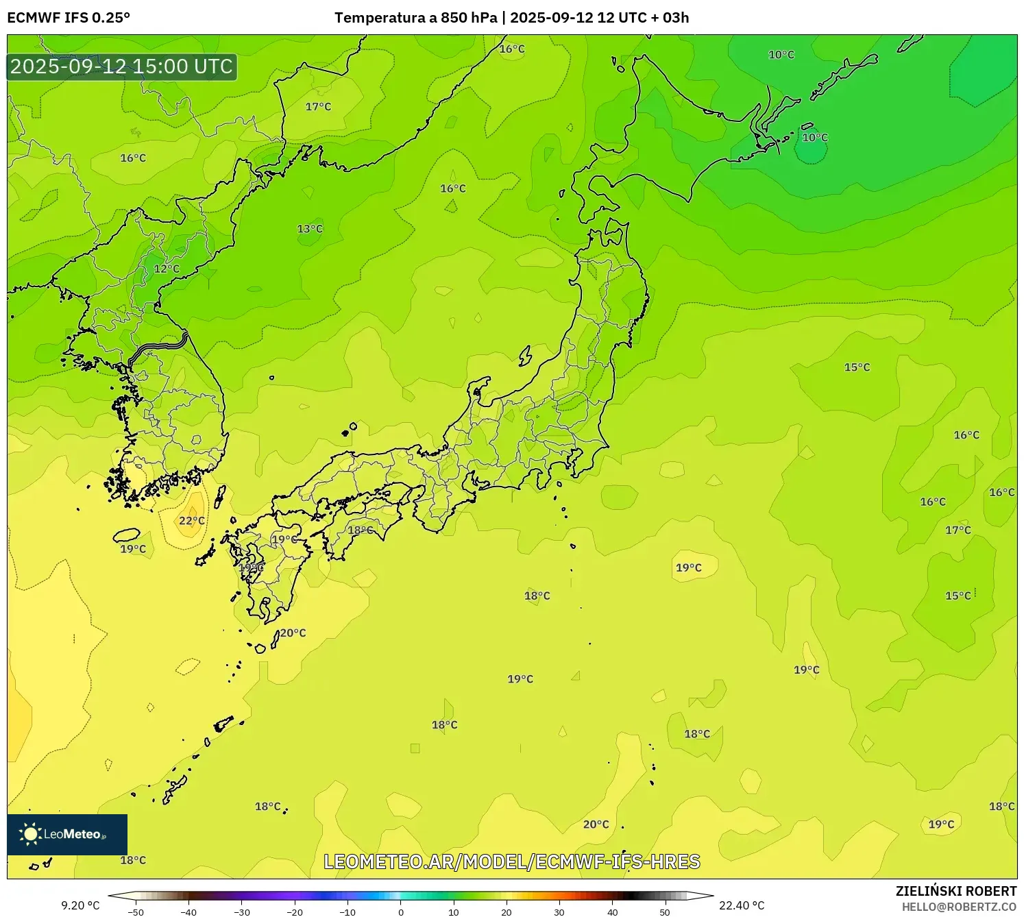 ECMWF IFS 0.25° model - Japón, Temperatura a 850 hPa