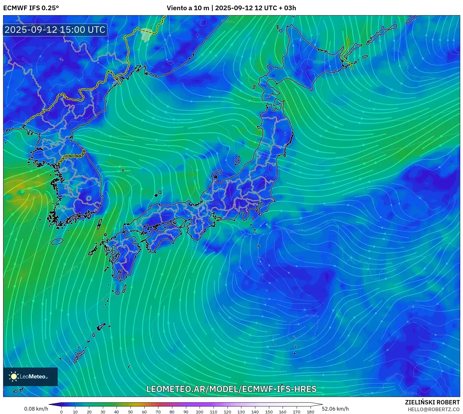 ECMWF IFS 0.25° model - Japón, Viento a 10 m ECMWF IFS 0.25° model - Japón, Viento a 10 m