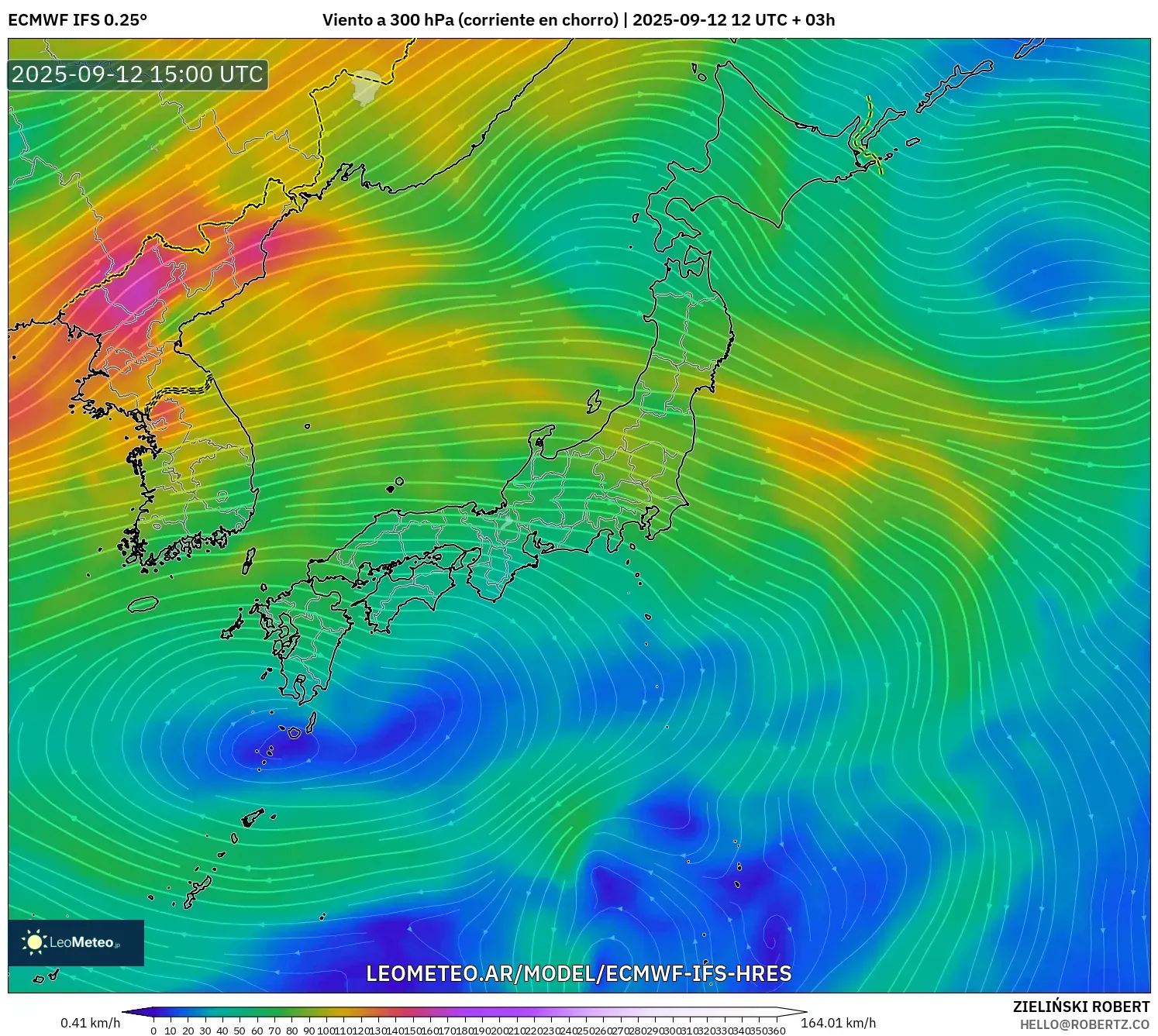 ECMWF IFS 0.25° model - Japón, Viento a 300 hPa (corriente en chorro) ECMWF IFS 0.25° model - Japón, Viento a 300 hPa (corriente en chorro)