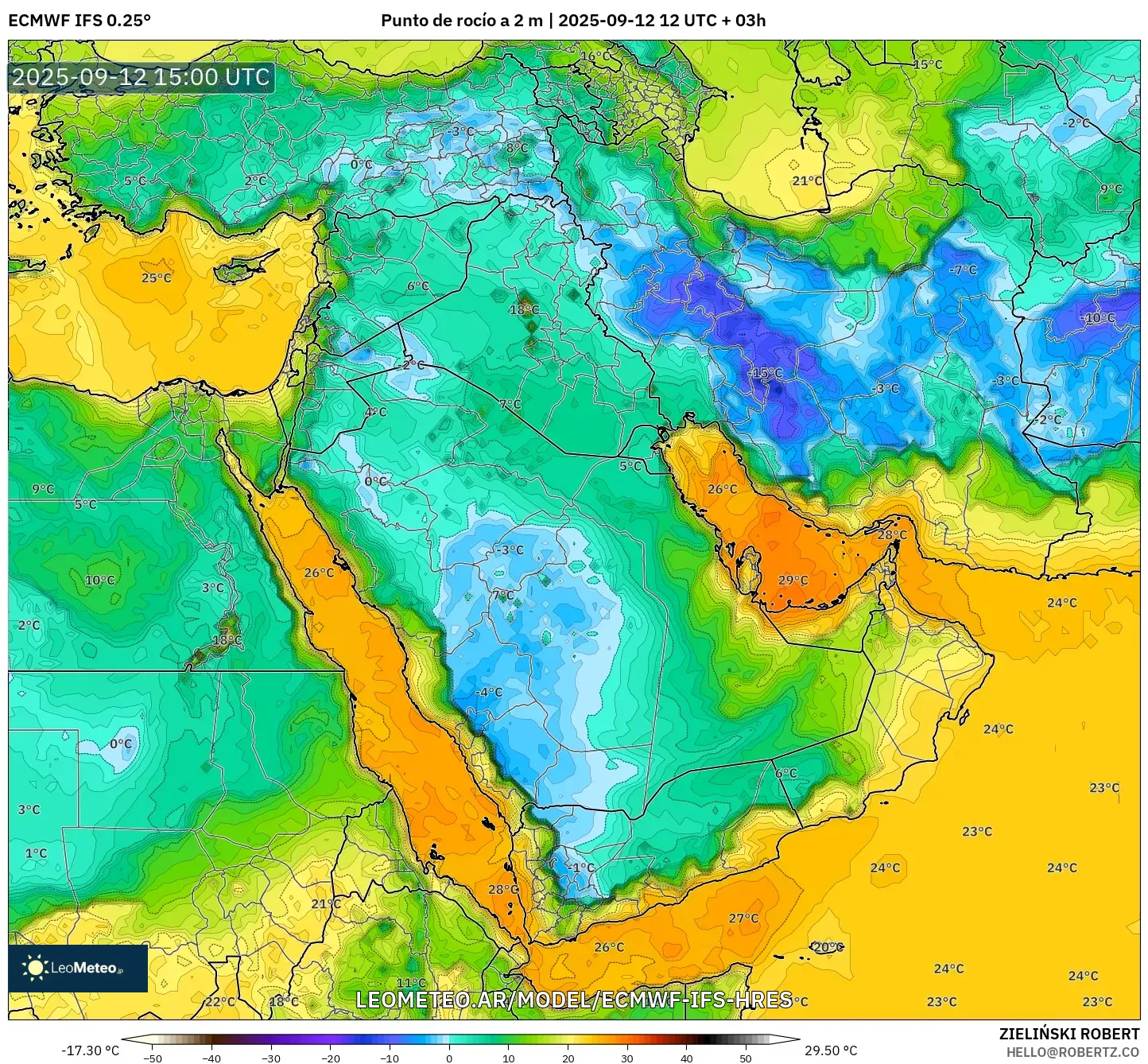 ECMWF IFS 0.25° model - Oriente Medio, Punto de rocío a 2 m