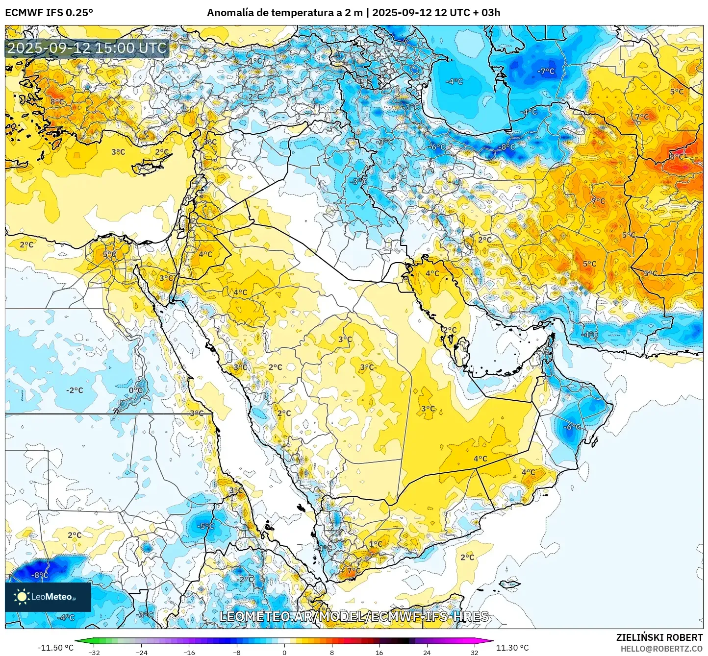 ECMWF IFS 0.25° model - Oriente Medio, Anomalía de temperatura a 2 m ECMWF IFS 0.25° model - Oriente Medio, Anomalía de temperatura a 2 m