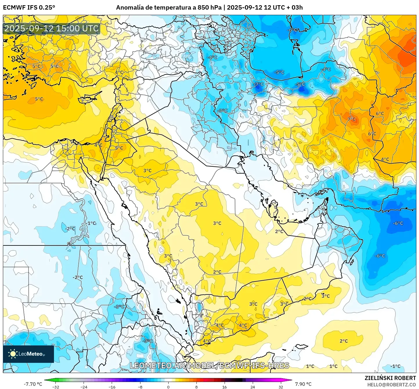 ECMWF IFS 0.25° model - Oriente Medio, Anomalía de temperatura a 850 hPa