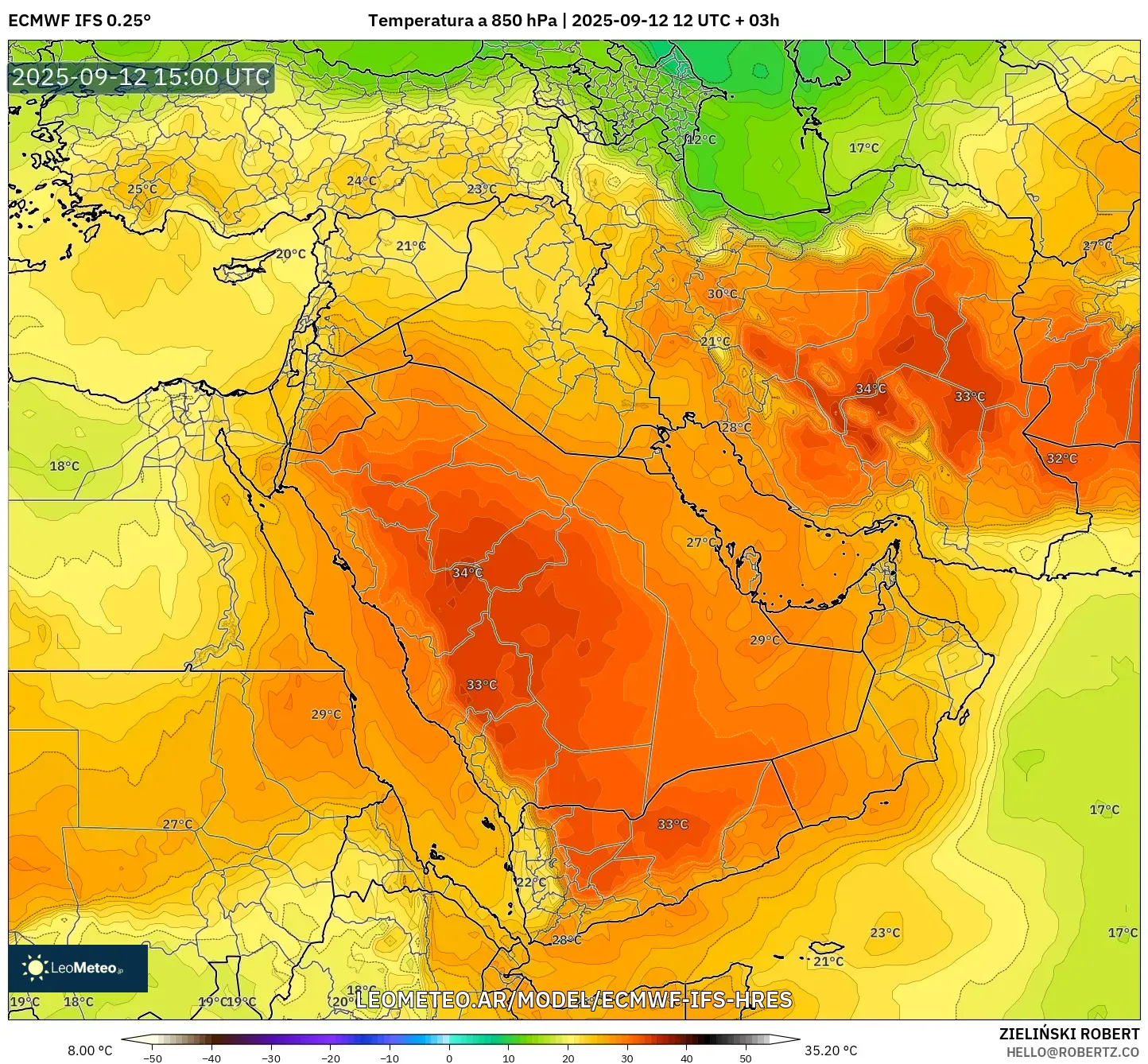 ECMWF IFS 0.25° model - Oriente Medio, Temperatura a 850 hPa ECMWF IFS 0.25° model - Oriente Medio, Temperatura a 850 hPa