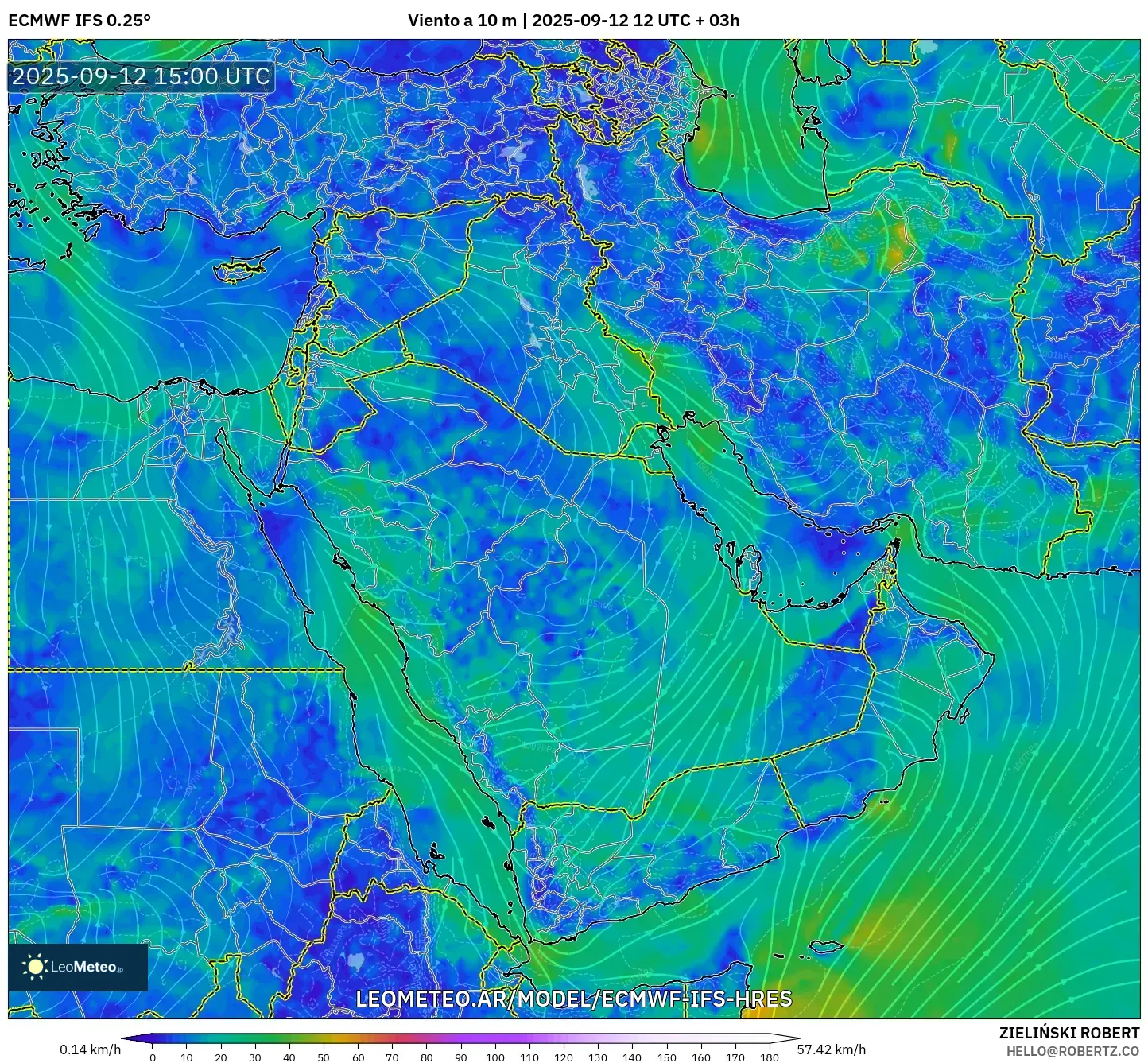 ECMWF IFS 0.25° model - Oriente Medio, Viento a 10 m