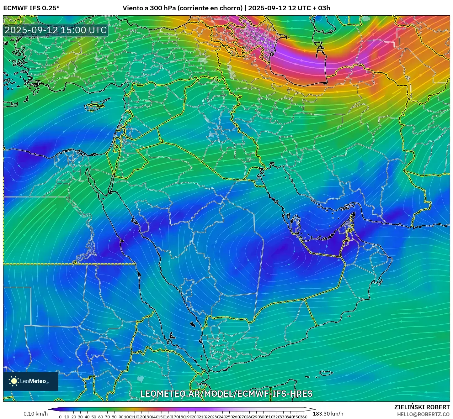 ECMWF IFS 0.25° model - Oriente Medio, Viento a 300 hPa (corriente en chorro)