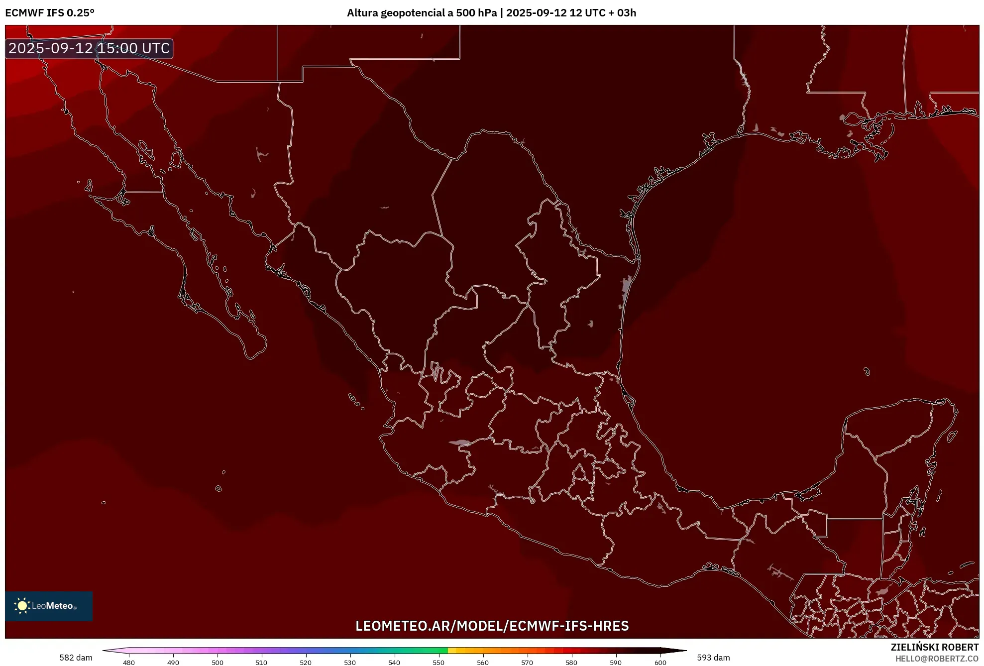 ECMWF IFS 0.25° model - México, Altura geopotencial a 500 hPa