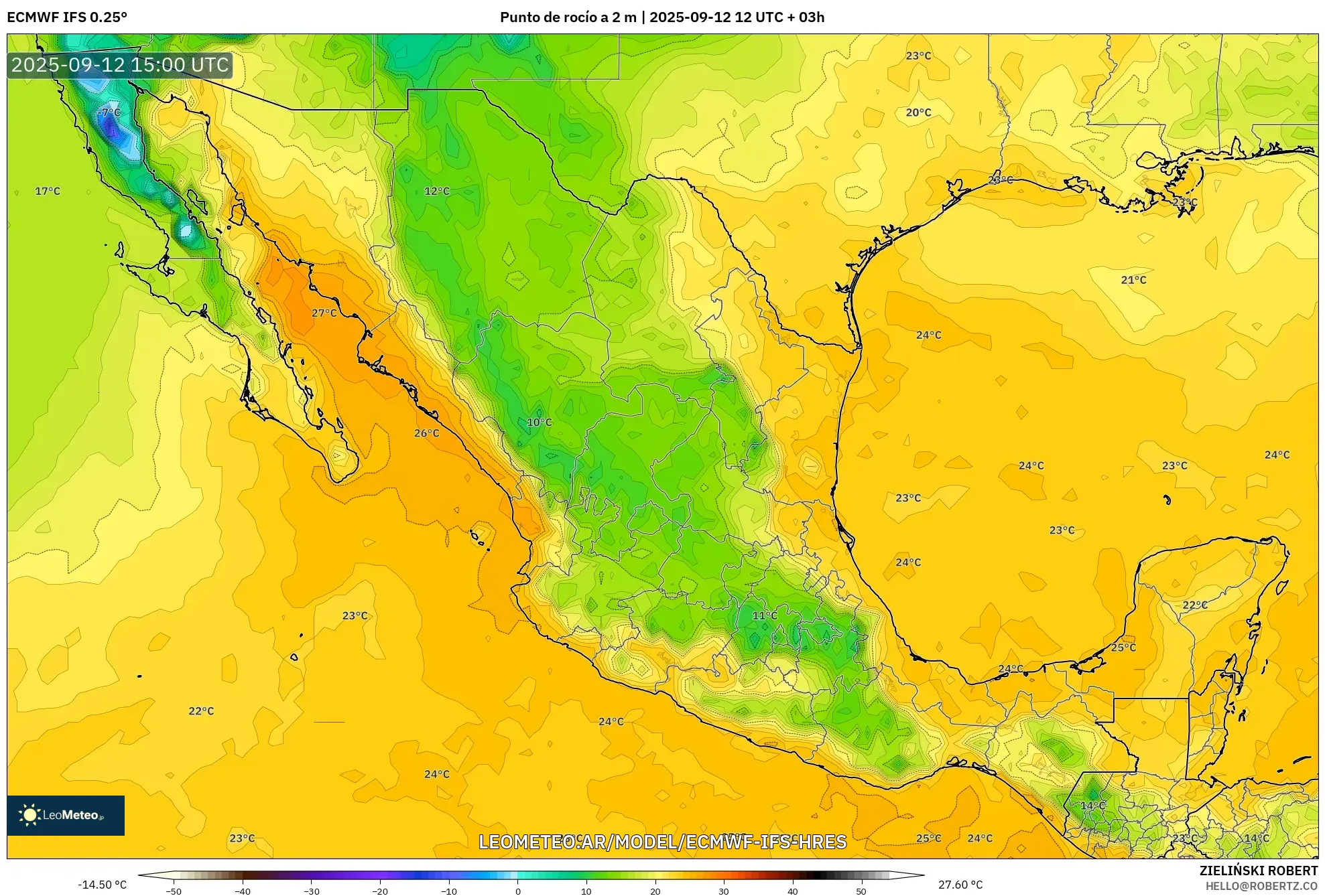 ECMWF IFS 0.25° model - México, Punto de rocío a 2 m