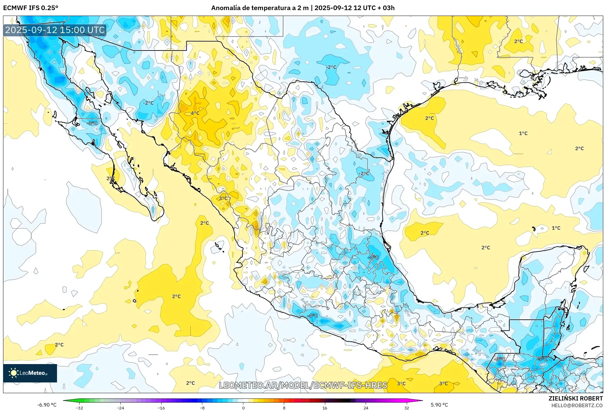 ECMWF IFS 0.25° model - México, Anomalía de temperatura a 2 m ECMWF IFS 0.25° model - México, Anomalía de temperatura a 2 m