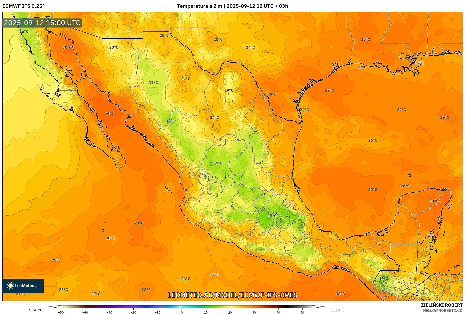 ECMWF IFS 0.25° model - México, Temperatura a 2 m