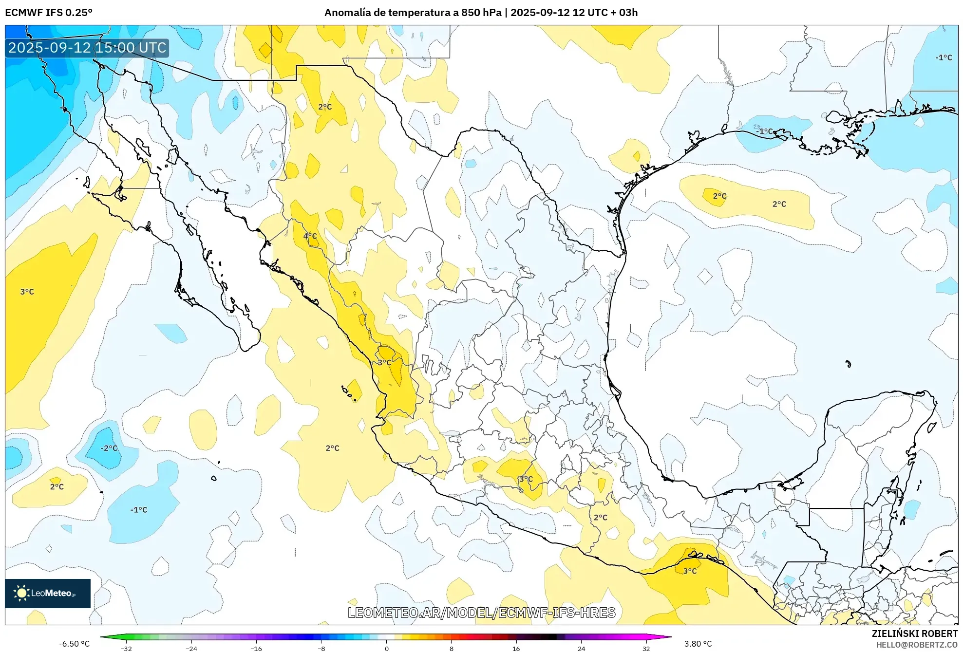 ECMWF IFS 0.25° model - México, Anomalía de temperatura a 850 hPa ECMWF IFS 0.25° model - México, Anomalía de temperatura a 850 hPa