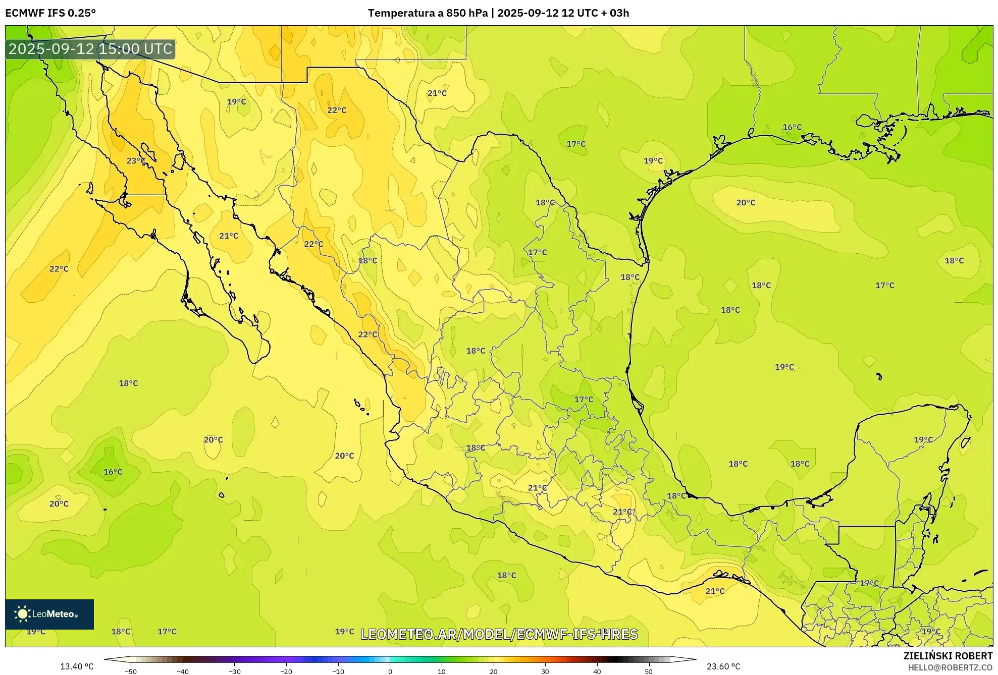 ECMWF IFS 0.25° model - México, Temperatura a 850 hPa ECMWF IFS 0.25° model - México, Temperatura a 850 hPa