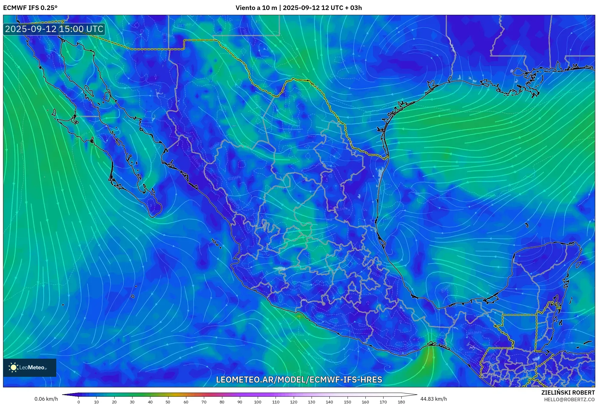 ECMWF IFS 0.25° model - México, Viento a 10 m ECMWF IFS 0.25° model - México, Viento a 10 m