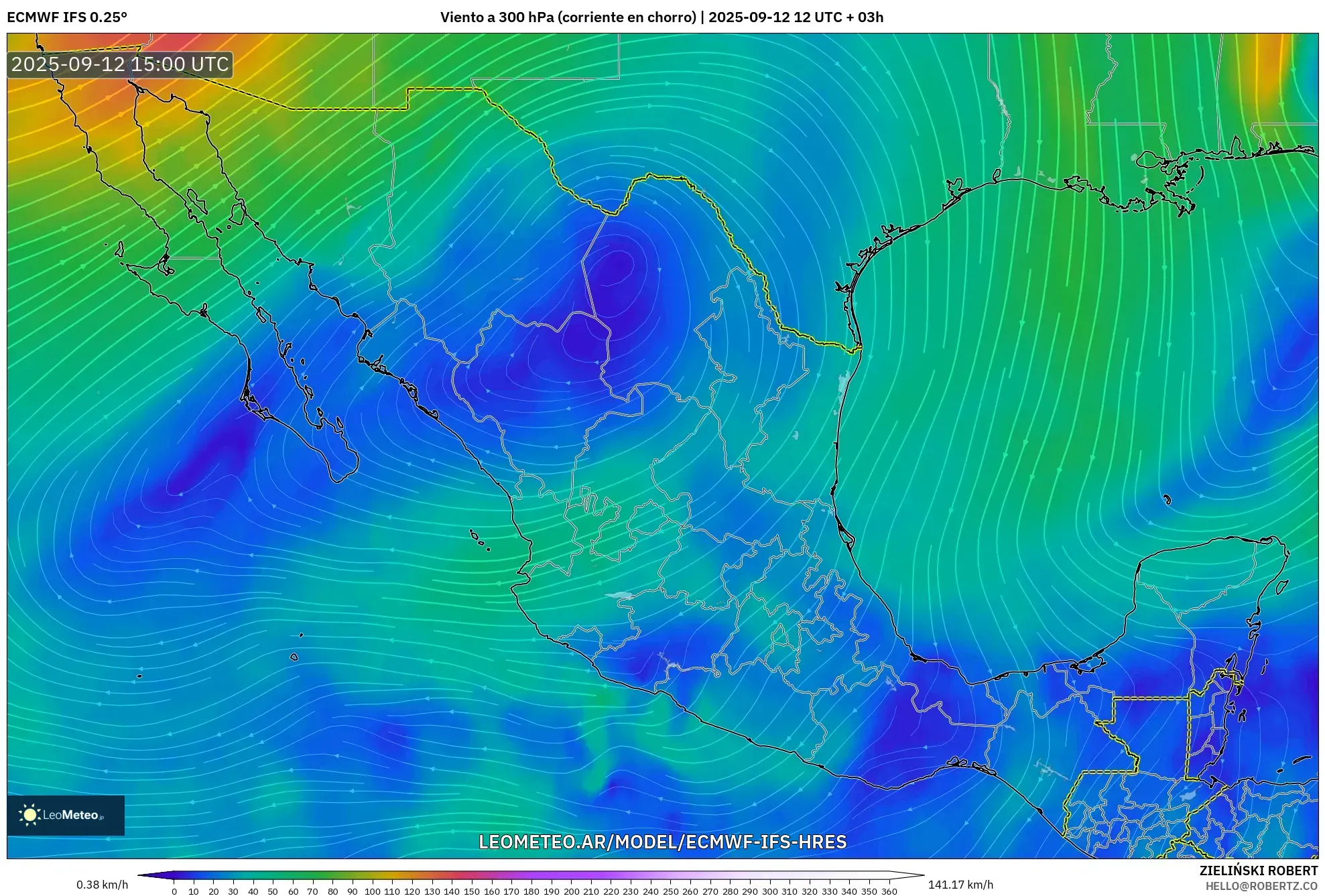 ECMWF IFS 0.25° model - México, Viento a 300 hPa (corriente en chorro) ECMWF IFS 0.25° model - México, Viento a 300 hPa (corriente en chorro)