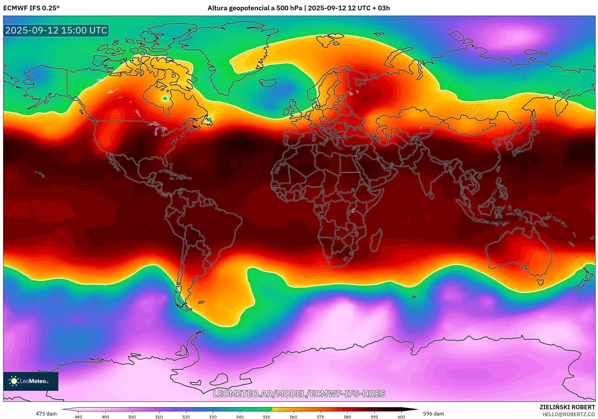 ECMWF IFS 0.25° model - Mundo, Altura geopotencial a 500 hPa