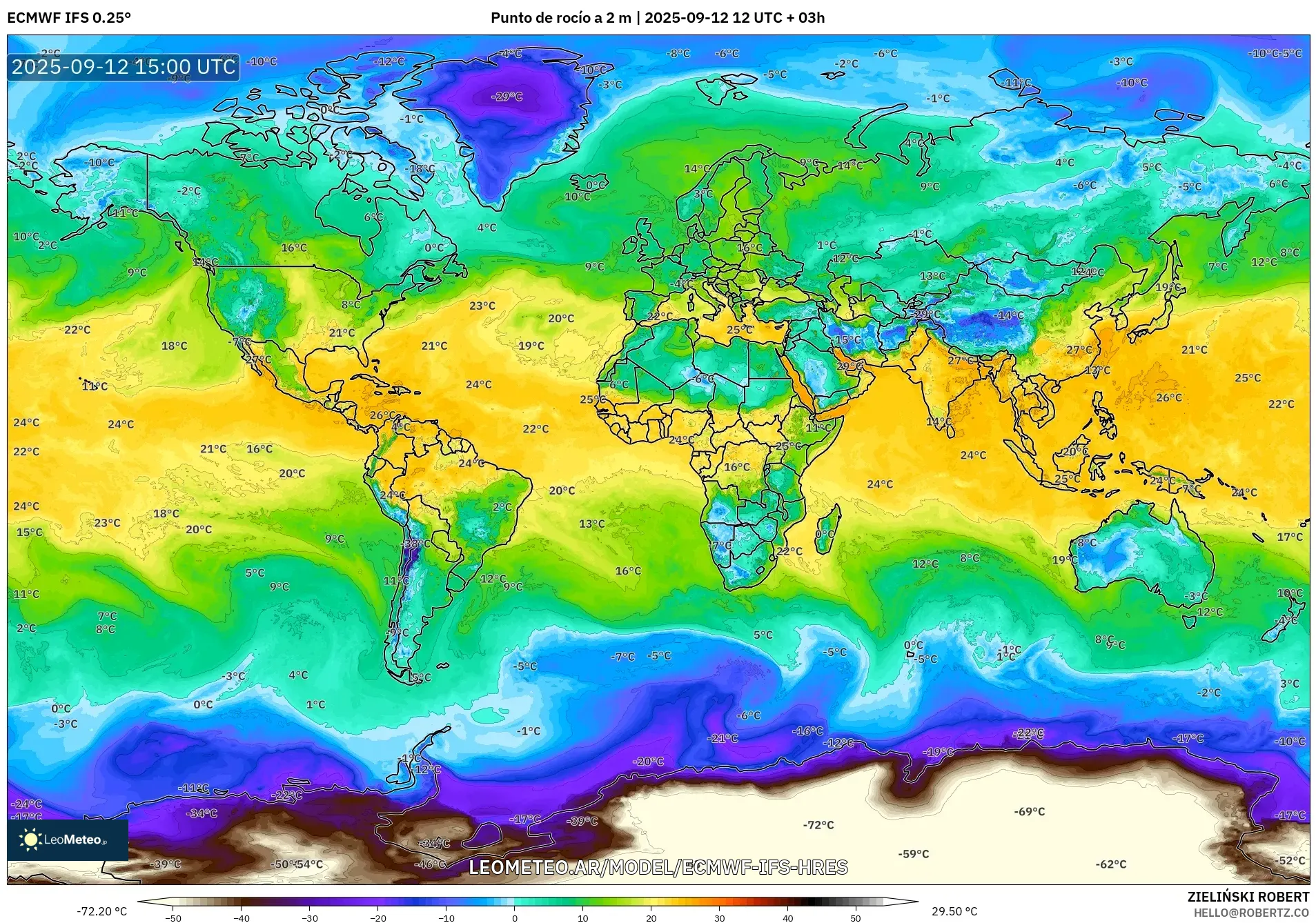 ECMWF IFS 0.25° model - Mundo, Punto de rocío a 2 m