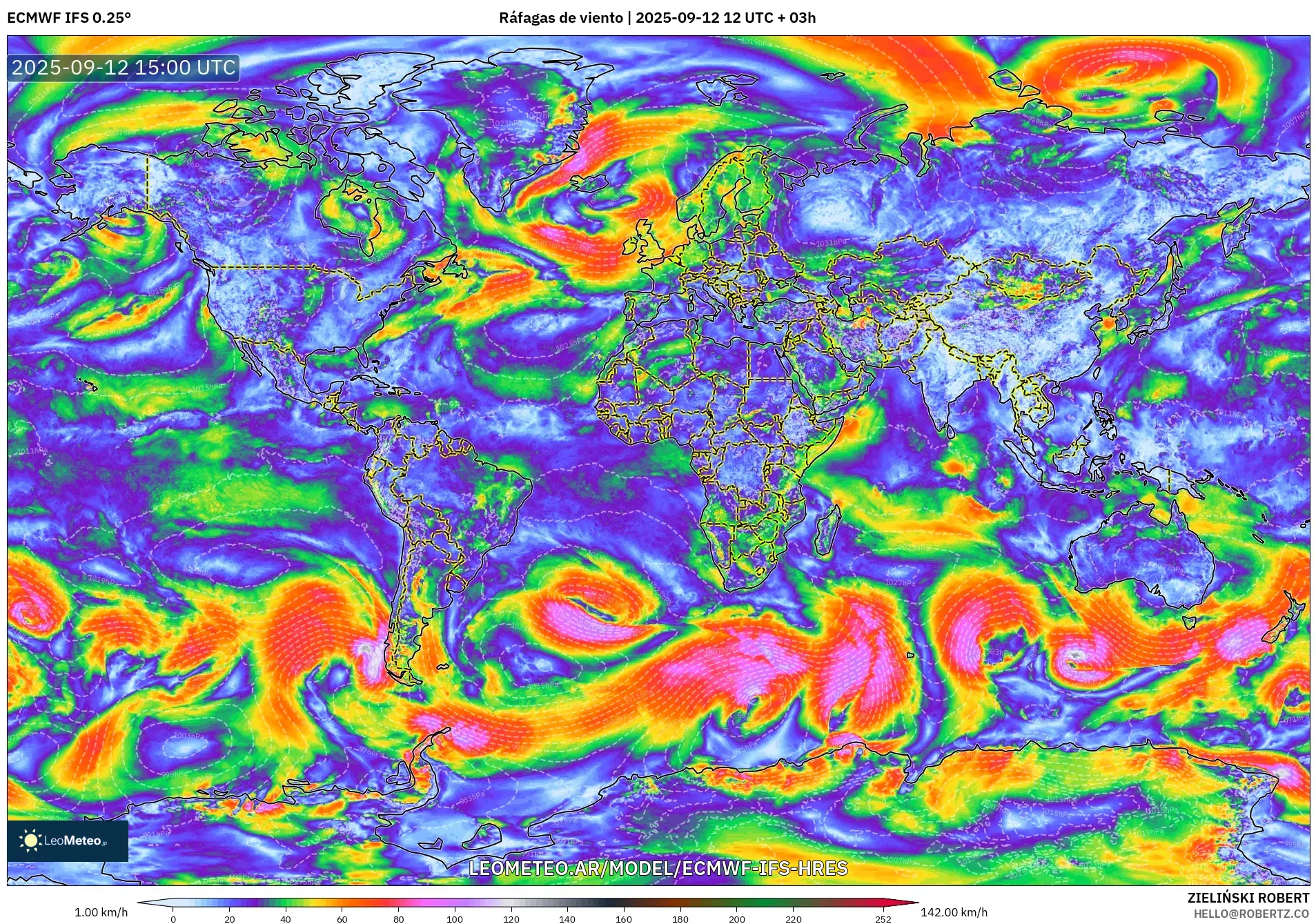 ECMWF IFS 0.25° model - Mundo, Ráfagas de viento