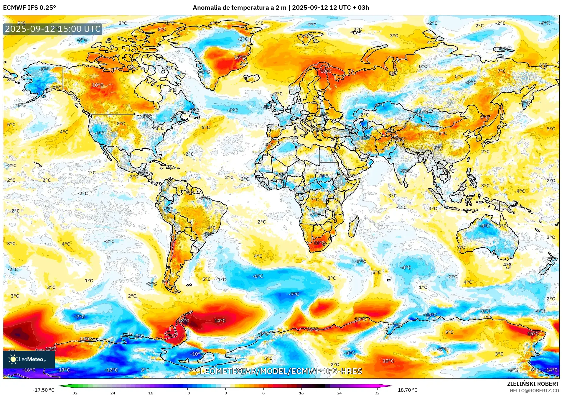 ECMWF IFS 0.25° model - Mundo, Anomalía de temperatura a 2 m